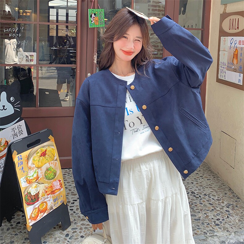 藏青色休闲短外套女2025春季新款小个子宽松减龄夹克韩系chic上衣,女装短外套,维壹