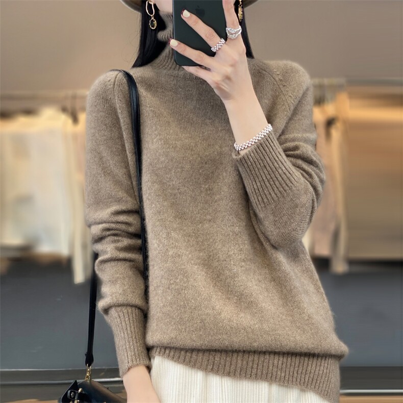高领加厚100%纯羊毛衫女秋冬宽松插肩纯色毛衣内搭羊绒针织打底衫,女装羊毛衫,忠诺羊绒
