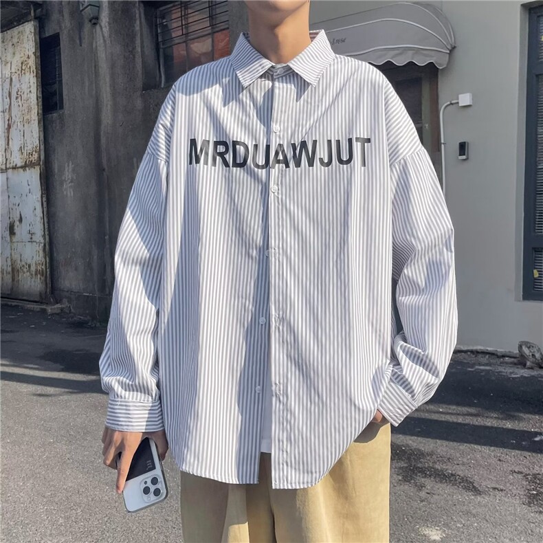 条纹衬衫男字母印花韩版潮流帅2023春夏新款ins宽松外套W4481-P33,男装衬衫,星座412-3