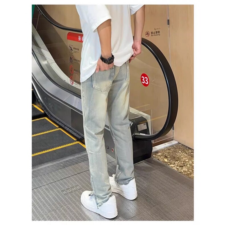 1506A/G9930/P44弯刀牛仔裤复古做旧黄泥染拉链开叉男直筒裤子,男装牛仔裤,星座1506A