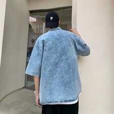 港风复古简约纯色牛仔短袖衬衫男潮牌夏季百搭学生衬衣CS408-p43，男装衬衫，星座1008