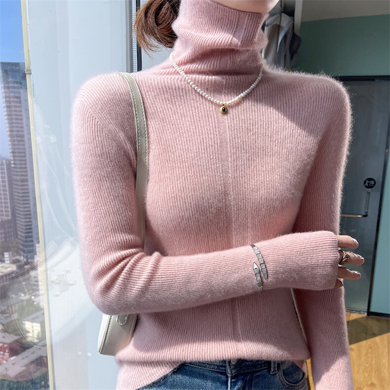 秋冬季新款舒适时尚百搭一线抽条中缝堆领羊毛衫,女装羊毛衫,美轩羊绒