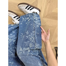 新款潮流日系荆棘提花牛仔裤vibe裤子男水洗直筒微喇弯刀裤百搭，男装牛仔裤，星座410-7