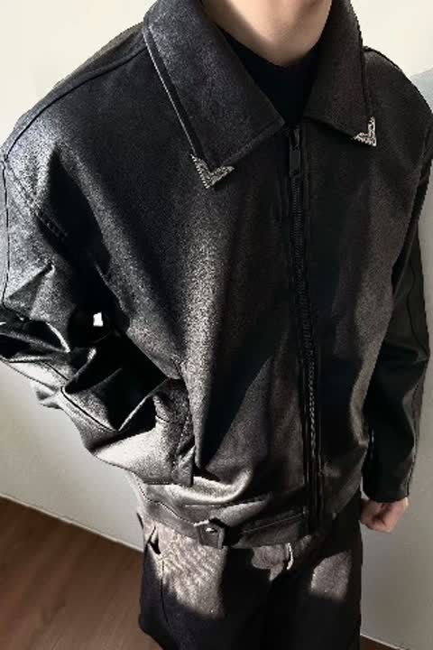 短款黑色皮衣外套男春季痞帅美式复古裂纹肌理机车服夹克PY01P70,男装夹克,电商D256-2(原A064-2)