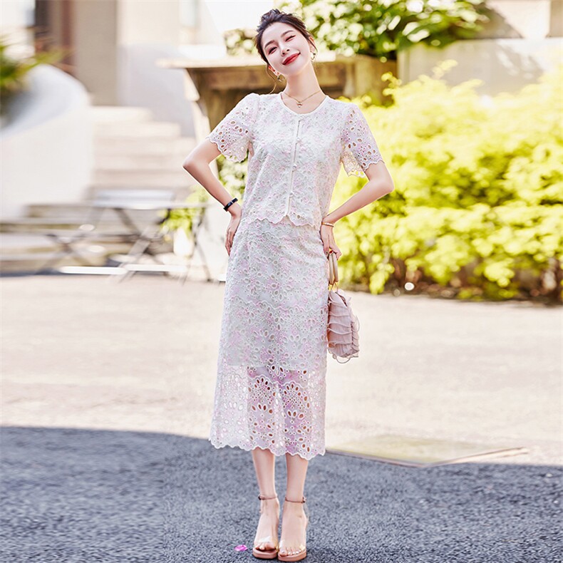 小香风刺绣蕾丝连衣裙女2025夏季新款高级感法式气质名媛两件套装,女装套装/套裙,慕依路