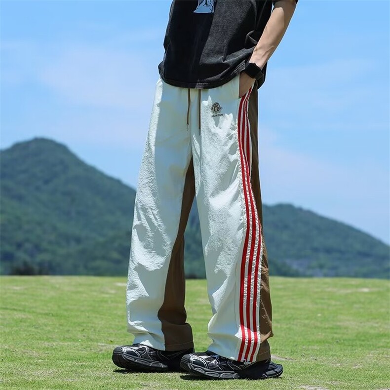 冰丝速干三条杠裤子男秋季美式设计感小众拼色直筒宽松休闲运动裤,女装休闲裤,星座218-1（原230）