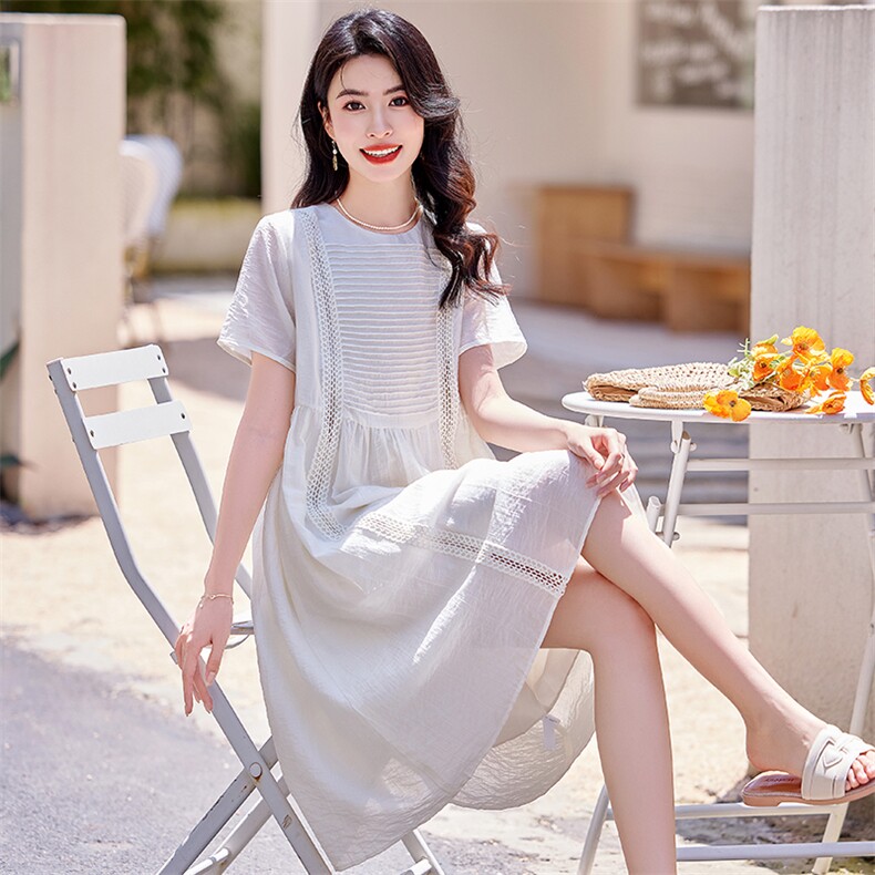 现货！2024夏装新款拼花边纯色连衣裙,女装连衣裙,梦芯尔