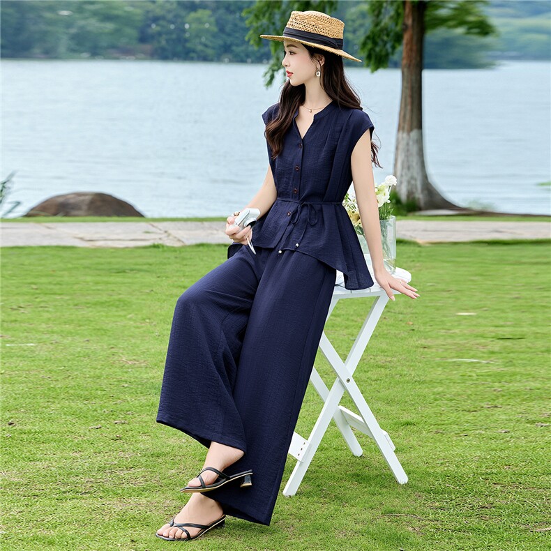 2026年夏季时尚气质不规则下摆阔腿裤套装,女装套装/套裙,蓝诺裳