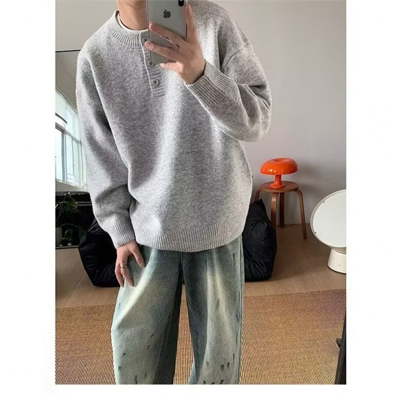 秋冬美式亨利领毛衣男毛衣美式复古休闲慵懒风针织衫男纯色毛衣,男装针织衫/毛衣,四季星座505