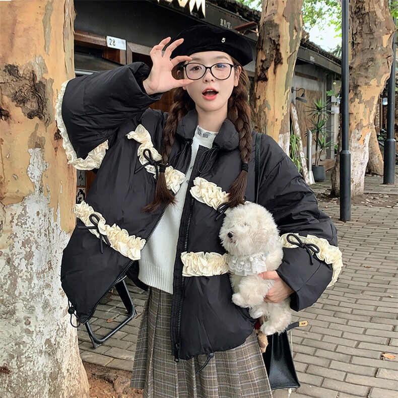 黑色设计感减龄羽绒服女短款2025冬季新款拼接立体花边90白鸭绒服,女装羽绒服,2C201
