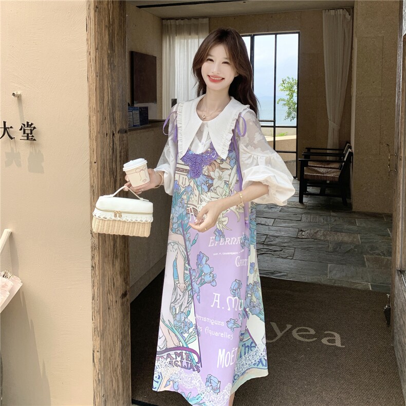 印花套装女夏季2026新款法式娃娃领衬衫蕾丝刺绣领口吊带裙两,女装连衣裙,艾米莉亚