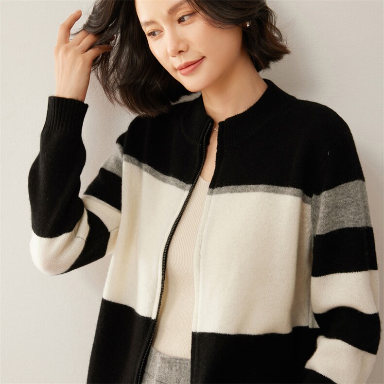 时尚拼色羊绒开衫女士秋冬新款简约百搭显瘦长袖外套,女装羊绒衫,昭美羊绒