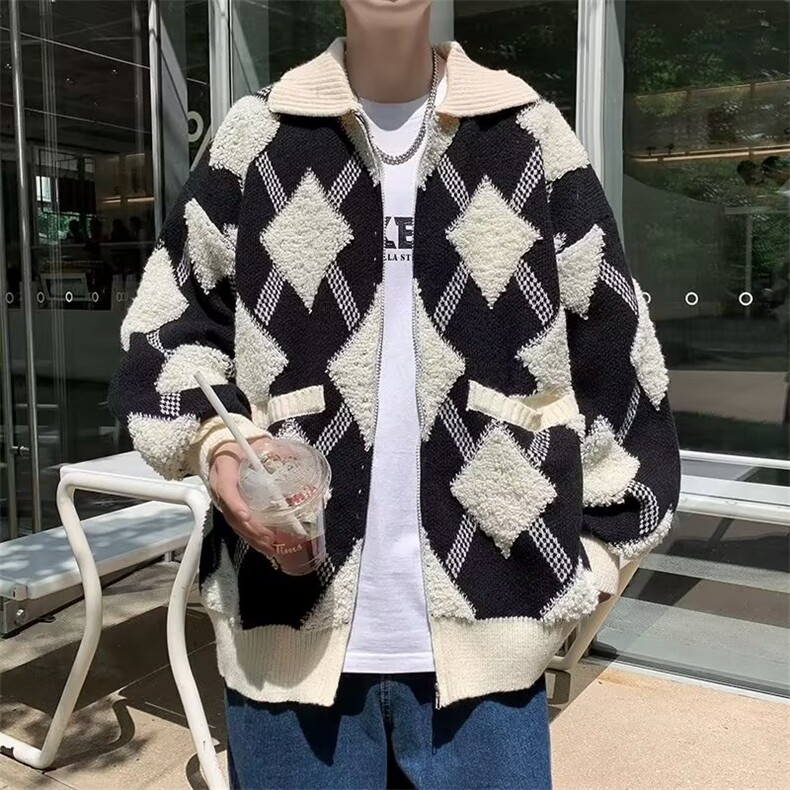 针织开衫男韩版潮流菱形拼色帅气2023秋冬季新款ins毛衣MZ101-P65,男装针织衫/毛衣,星座412-3