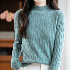 褶皱半高领100纯羊毛打底衫女秋冬内搭针织毛衣气质纯色保暖上衣，女装羊毛衫，绒汀羊绒