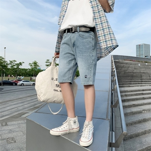 牛仔裤男士夏季薄款韩版潮流休闲短裤直筒宽松帅气五分裤D,篮球鞋街穿搭配图片大全图片