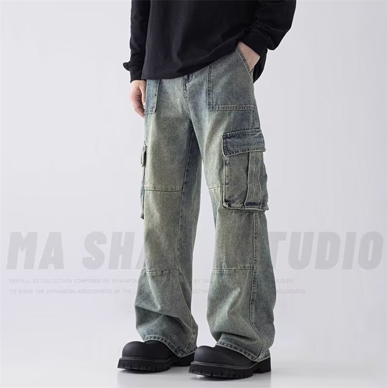 美式复古怀旧水洗多口袋牛仔裤男新款直筒宽松工装裤潮WA061 P51图片
