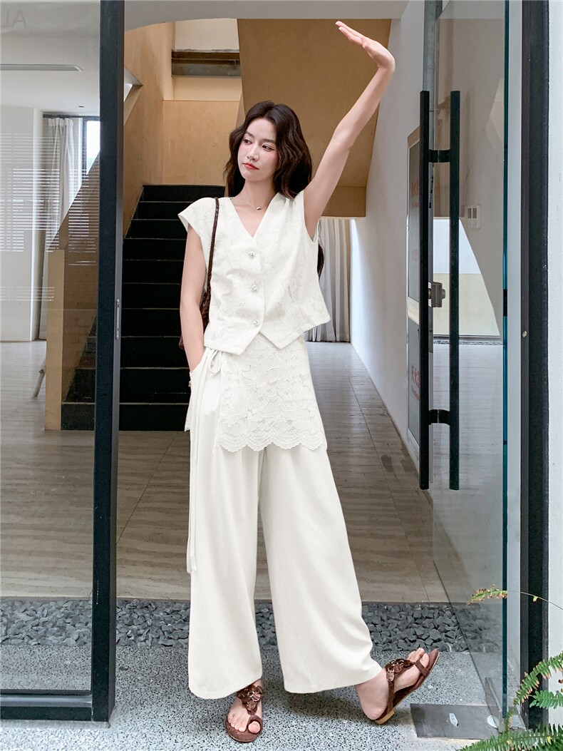 2026夏季新款轻熟老钱风V领马甲蕾丝拼接阔腿裤两件套套装,女装套装/套裙,流量+