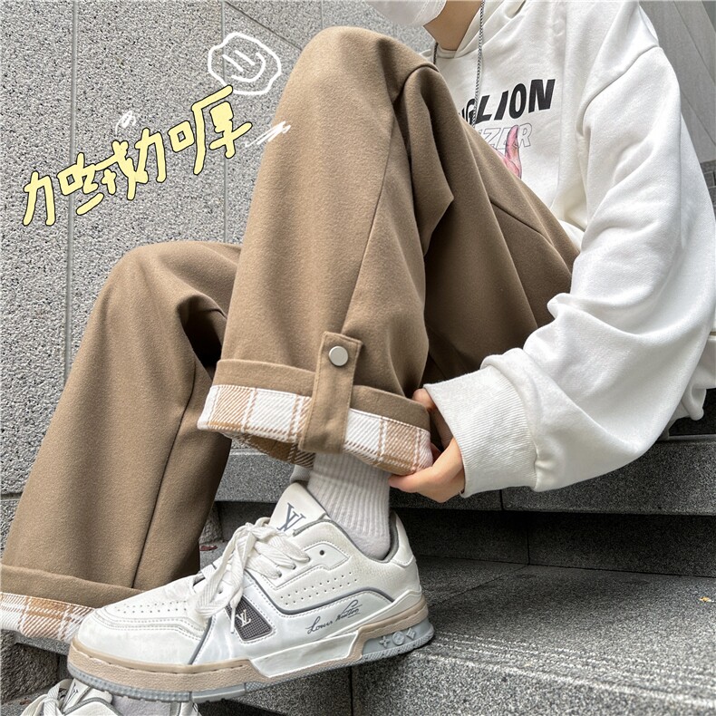 加绒毛呢裤男直筒垂感阔腿特大码胖子休闲裤K906P55控78加绒P60,男装休闲裤,电商D206-1