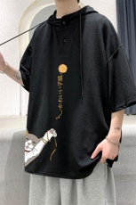 LD54013-P45连帽短袖t恤男大码胖子带帽五分袖中袖大皂风，男装T恤，电商A040
