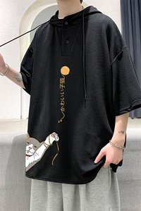 LD54013-P45 连帽短袖t恤男大码胖子带帽五分袖中袖 大皂风图片