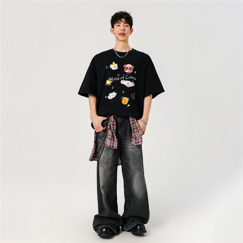 现货2025夏装手绘动物宽松圆领短袖T恤A025-WD1010-P30控48,男装T恤,电商A025