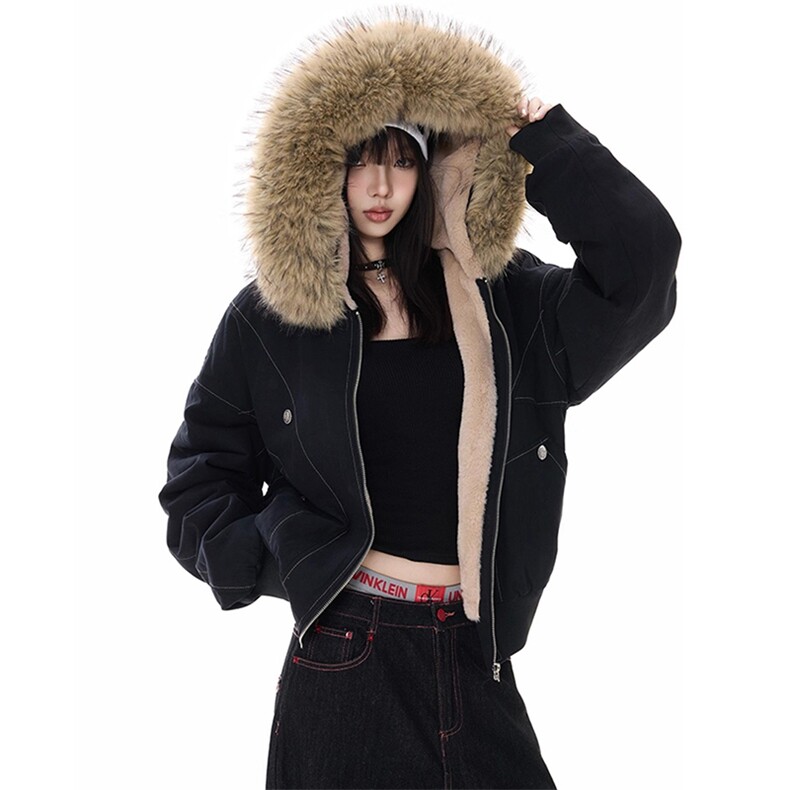 现货重磅boxy短款棉衣座山雕大毛毛领男女棉服水洗工装厚外套，男装棉衣，电商A486-1