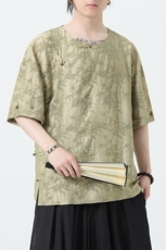 2025夏季新款风男汉服盘扣新中式唐装天丝竹叶衬衫C131-P75，男装衬衫，电商B277(原6028)
