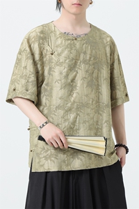 2025夏季新款风男汉服盘扣新中式唐装天丝竹叶衬衫 C131-P75图片