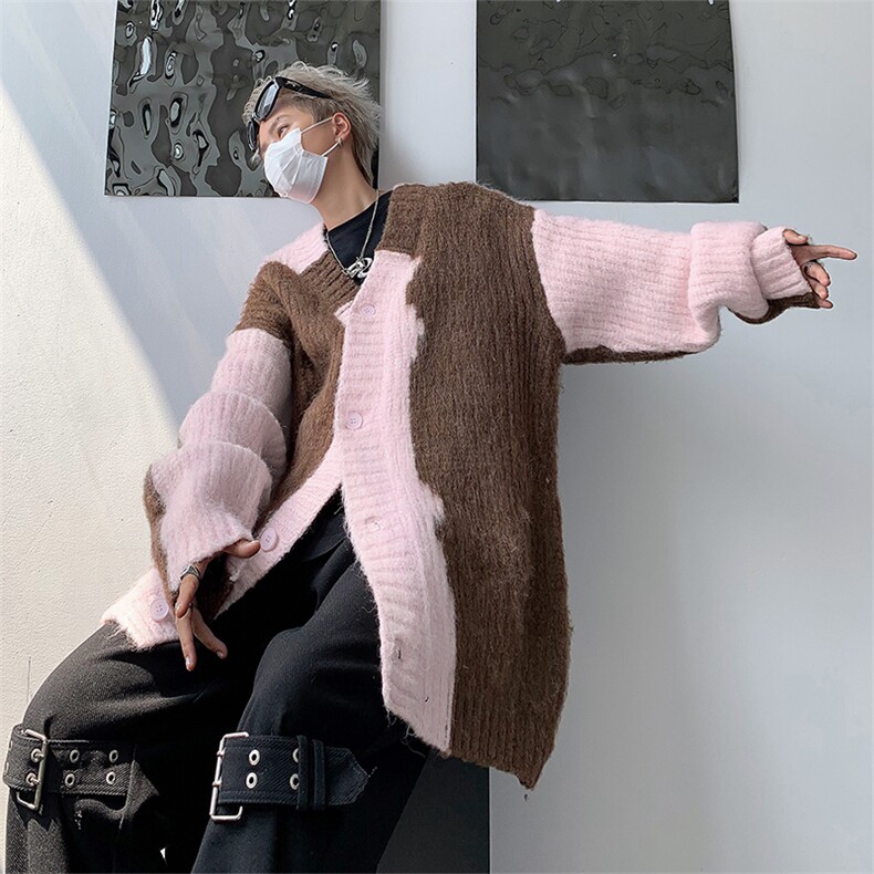 秋冬季男女慵懒风宽松休闲拼色开衫毛衣宽松V领外套潮MY9210-P53,男装针织衫/毛衣,星座308B-1
