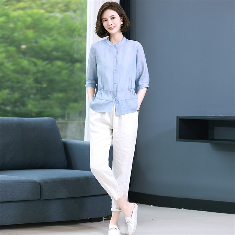 棉麻套装女2025夏季新款休闲时尚中年妈妈高端苎麻上衣亚麻两件套,女装套装/套裙,丽影随形