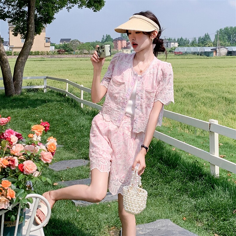 新中式风时尚盘扣阔腿裤套装两件套P145-K195,女装套装/套裙,红龙果