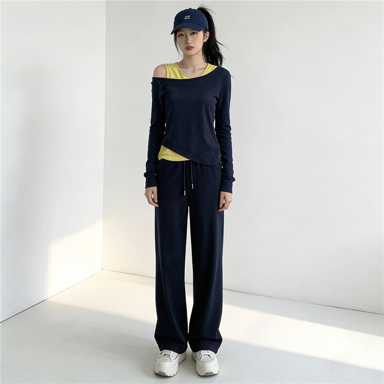 小众撞色真两件斜肩长款套装女春新款时尚气质长袖T恤长裤三件套,女装套装/套裙,江南