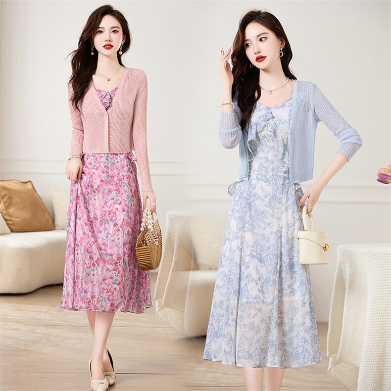 2025夏季新款时尚两件套吊带连衣裙修身显瘦气质淑女风，女装连衣裙，鑫鑫美