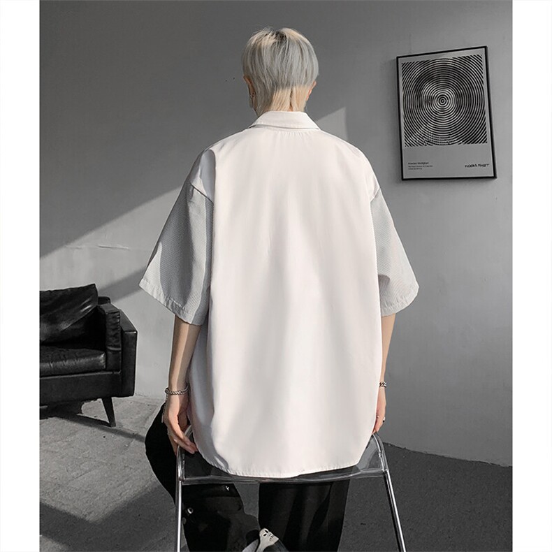 仓库现货CS1120-特批25条纹撞色拼接百搭痞帅大码短袖衬衫,男装衬衫,电商A059