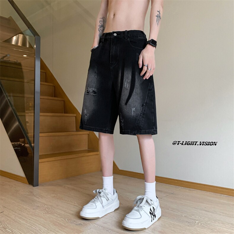 B221美式ins高街暗黑小众百搭牛仔短裤五分裤LK23090-P55控78,男装牛仔裤,电商B221