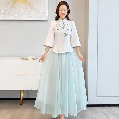 新中式女士汉服民国女学生旗袍上衣雪纺半身裙茶艺服旗袍