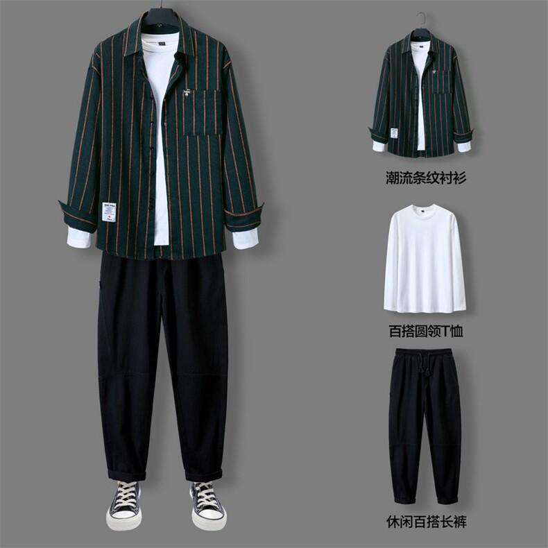 休闲套装男士长袖衬衫2021年新款潮流秋季搭配三件套DF160T图片