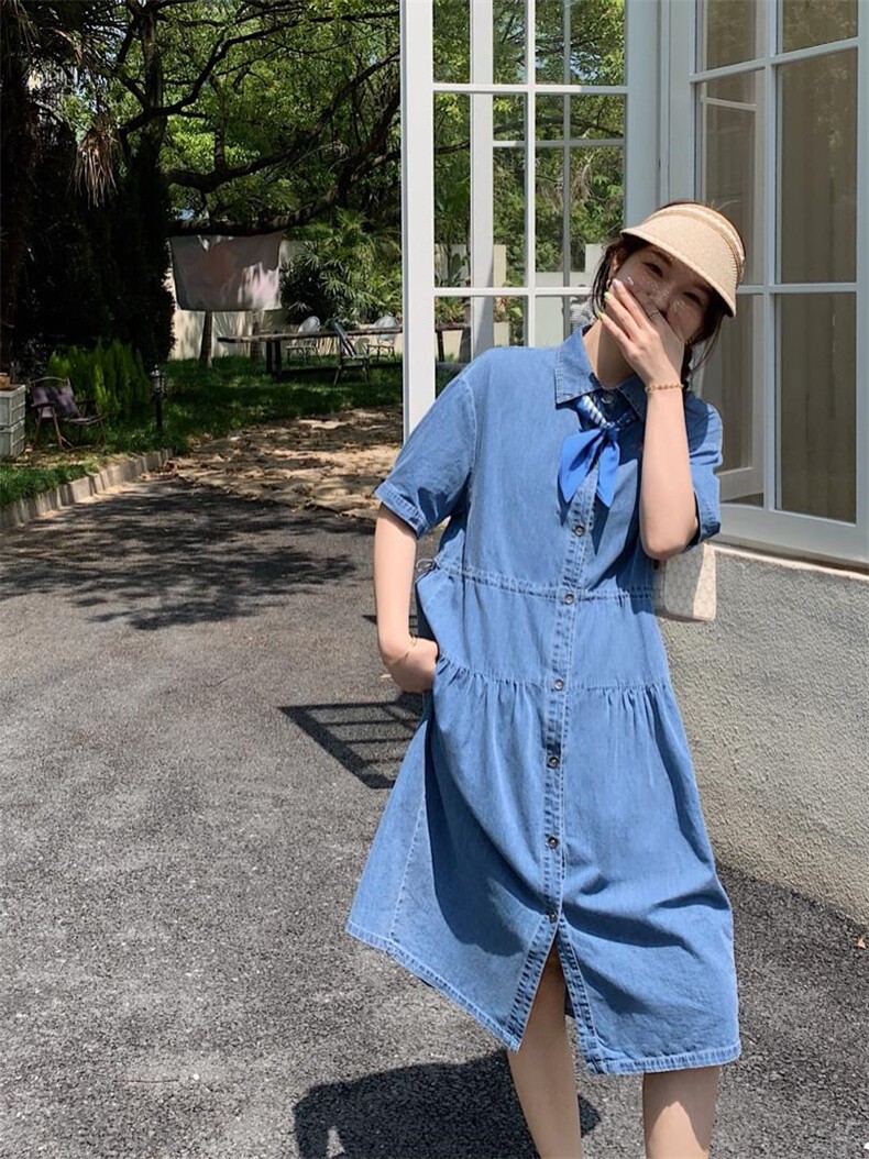 牛仔配丝巾连衣裙，女装连衣裙，肆尔