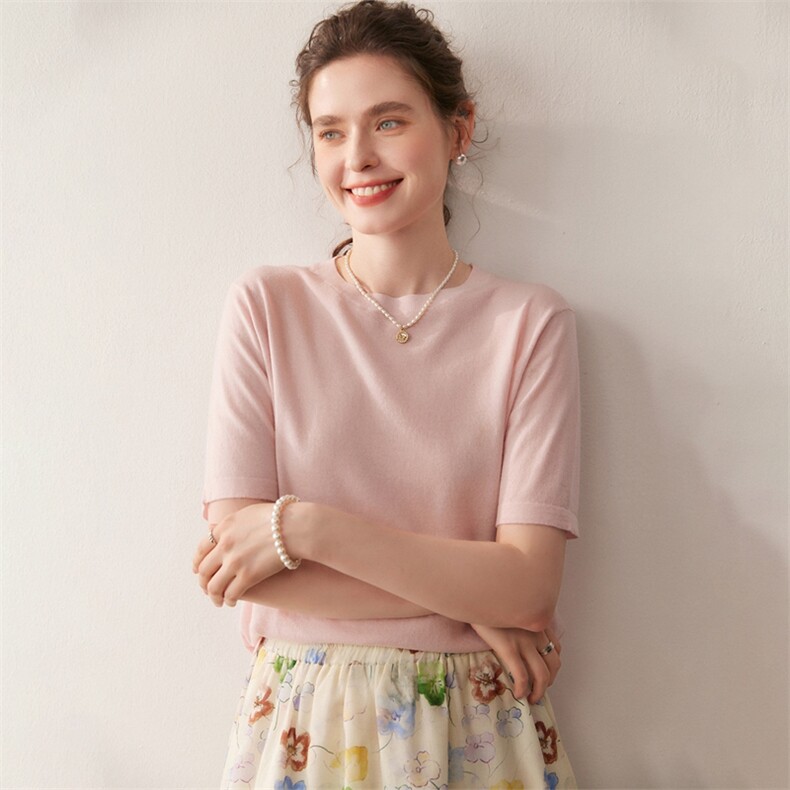 精纺扬子纱100%纯羊毛衫短袖薄毛衫女2025秋冬新款百搭针织打底衫，女装针织衫/毛衣，朵沐纯羊绒