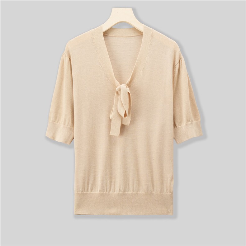 2025年夏季小众设计法式优雅丝麻V领蝴蝶飘带短袖针织衫，女装针织衫/毛衣，绒崒