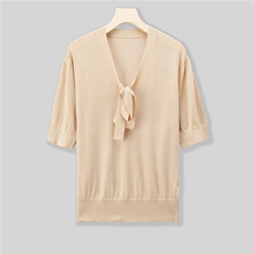 2025年夏季小众设计法式优雅丝麻V领蝴蝶飘带短袖针织衫,女装针织衫/毛衣,绒崒,清河羊绒市场 2025年夏季小众设计法式优雅丝麻V领蝴蝶飘带短袖针织衫,女装针织衫/毛衣,绒崒,清河羊绒市场