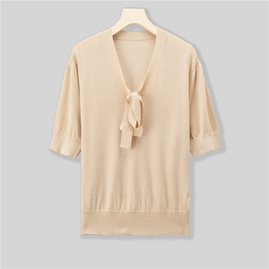 2025年夏季小众设计法式优雅丝麻V领蝴蝶飘带短袖针织衫，女装针织衫/毛衣，绒崒