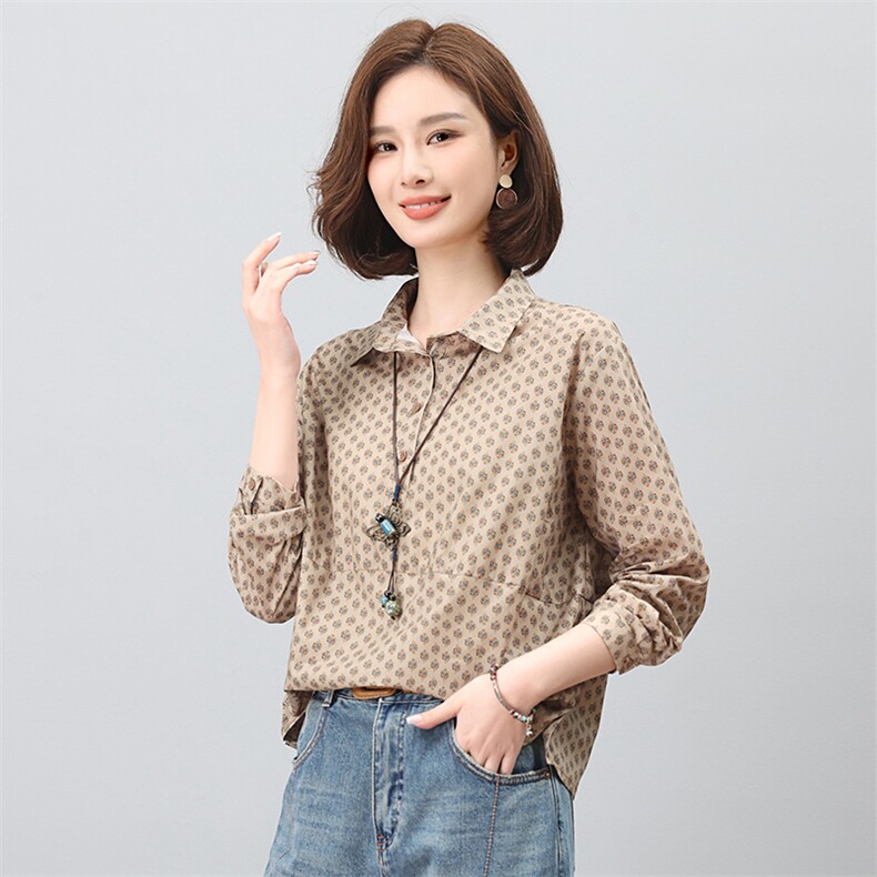 韩版纯棉印花衬衫女春秋2025新款洋气宽松妈妈装衬衣上衣薄款外套,女装衬衫,依恋蒂丝