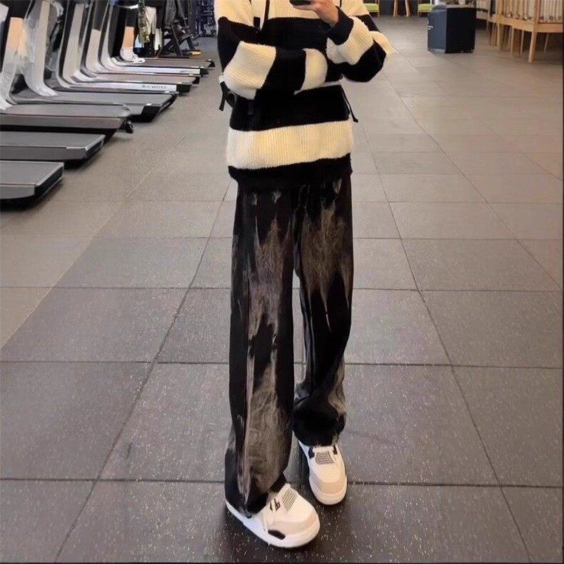 黑灰色扎染水洗牛仔裤男夏季潮牌修身显瘦裤子直筒微喇裤,男装牛仔裤,四季星座505