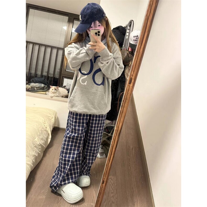 【有货】蓝色格子阔腿裤男女美式复古hiphop裤子宽松X814HH-特P50,男装休闲裤,星座1007（原301D）