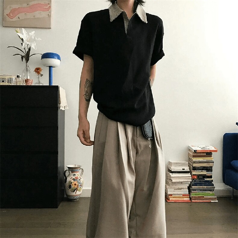 得物抖音高品质二开 夏季美式潮牌假两件格子衬衫翻领高街短袖T恤图片