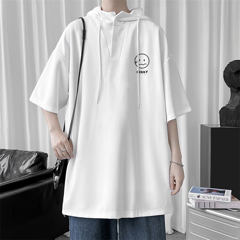 LD54072-P45连帽短袖t恤男大码胖子带帽五分袖中袖,男装T恤,电商A040