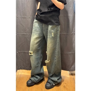 破洞牛仔裤男薄款美式高街做旧水洗宽松直筒长裤子图片