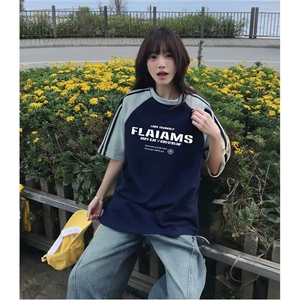 抖音得物品质二开240克宽松纯棉美式潮牌插肩三杠织带短袖T恤图片
