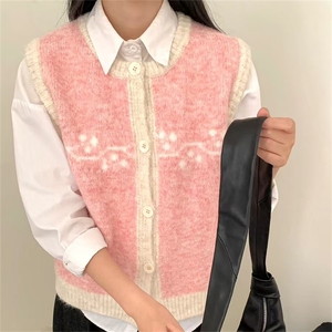 2025年秋季新款百搭女士圆领撞色开衫马甲图片